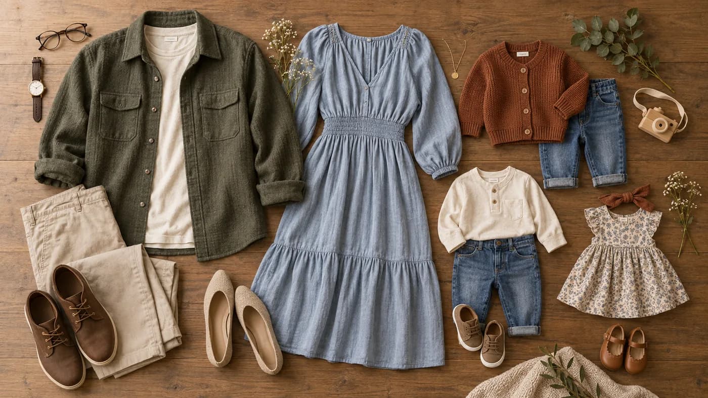 Coordinated family photo outfit palette with clothes and accessories for a bald father