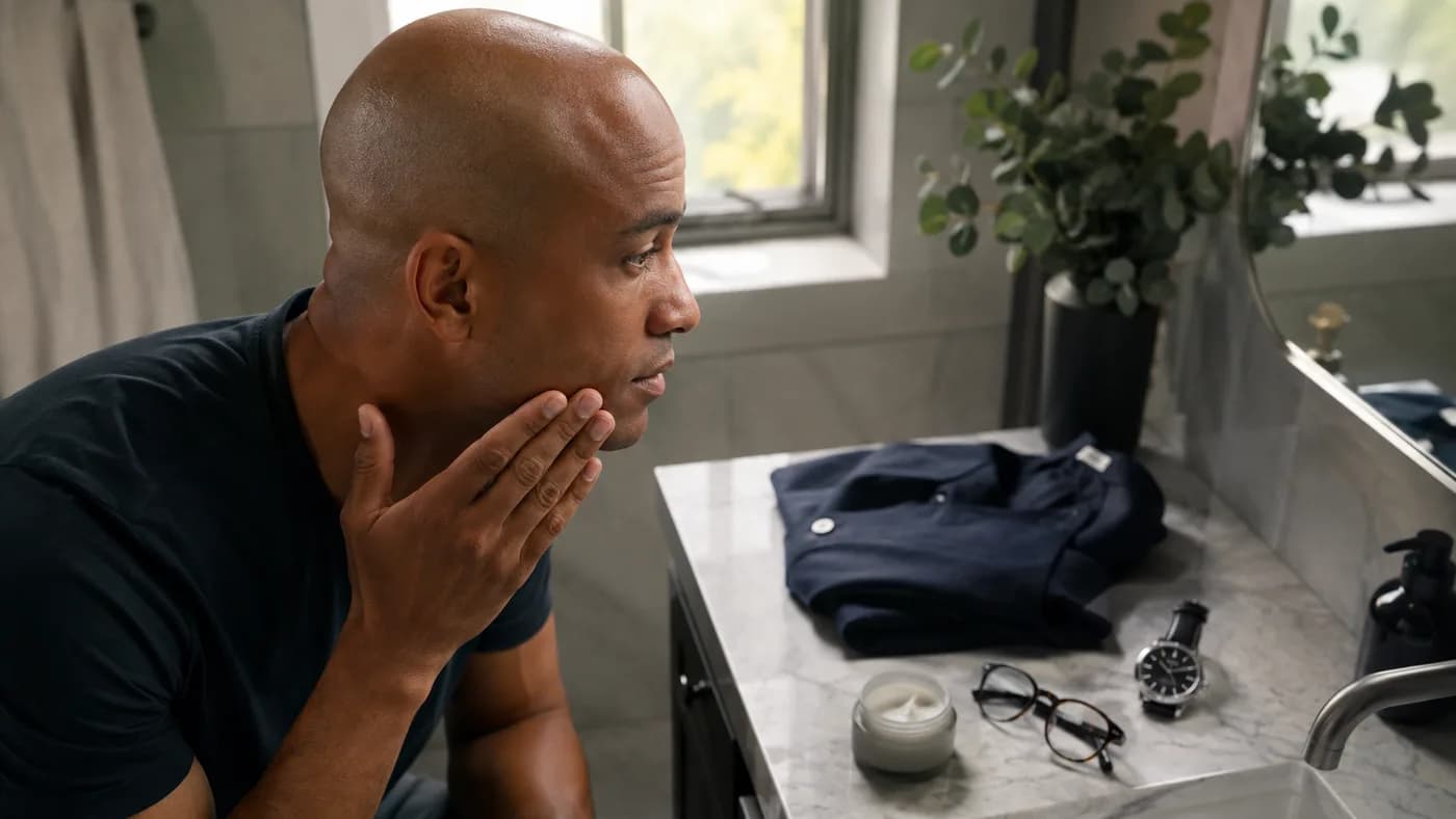 Bald man preparing a polished first-date look with grooming and accessories