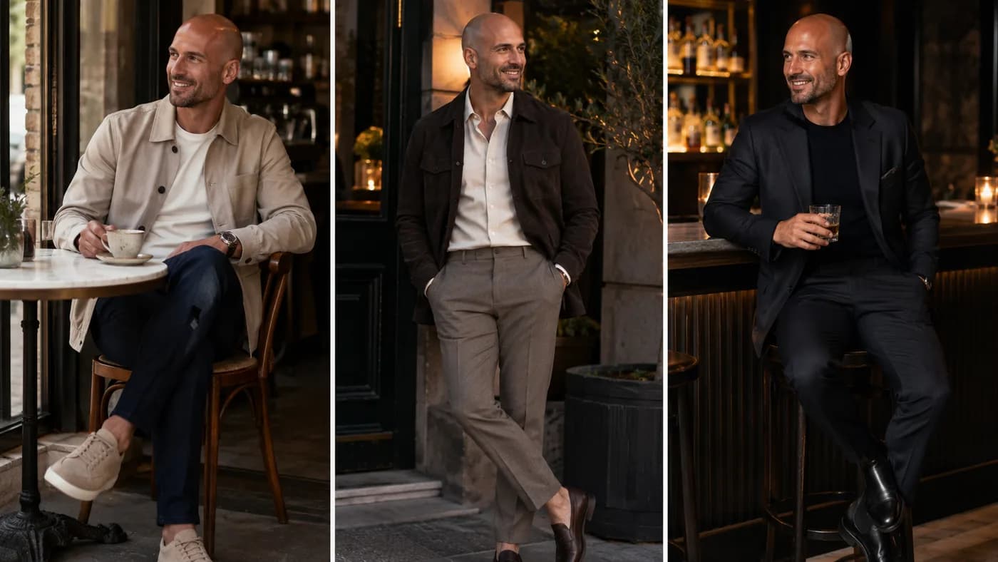 Bald man styled for coffee, dinner, and evening drinks dates