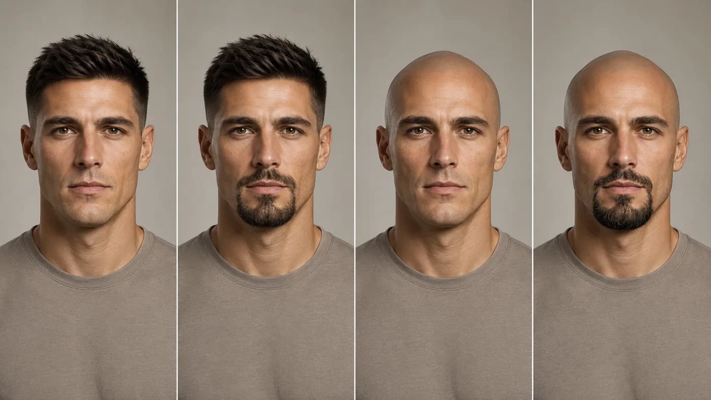 Comparison of the same man with current hair and no facial hair, current hair with a goatee, shaved head with no facial hair, and shaved head with a circle beard
