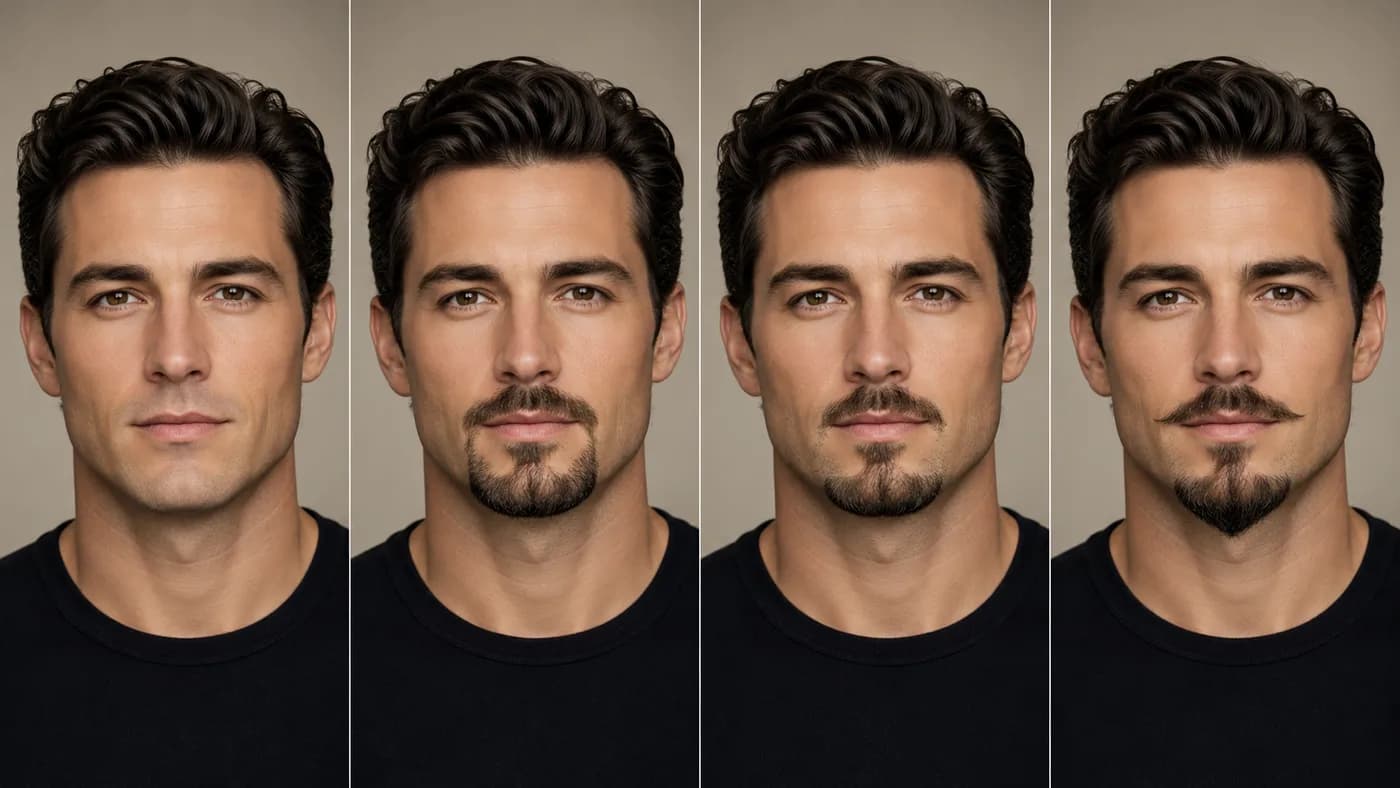 Comparison of clean-shaven, circle beard, classic goatee, and anchor-style goatee on the same man