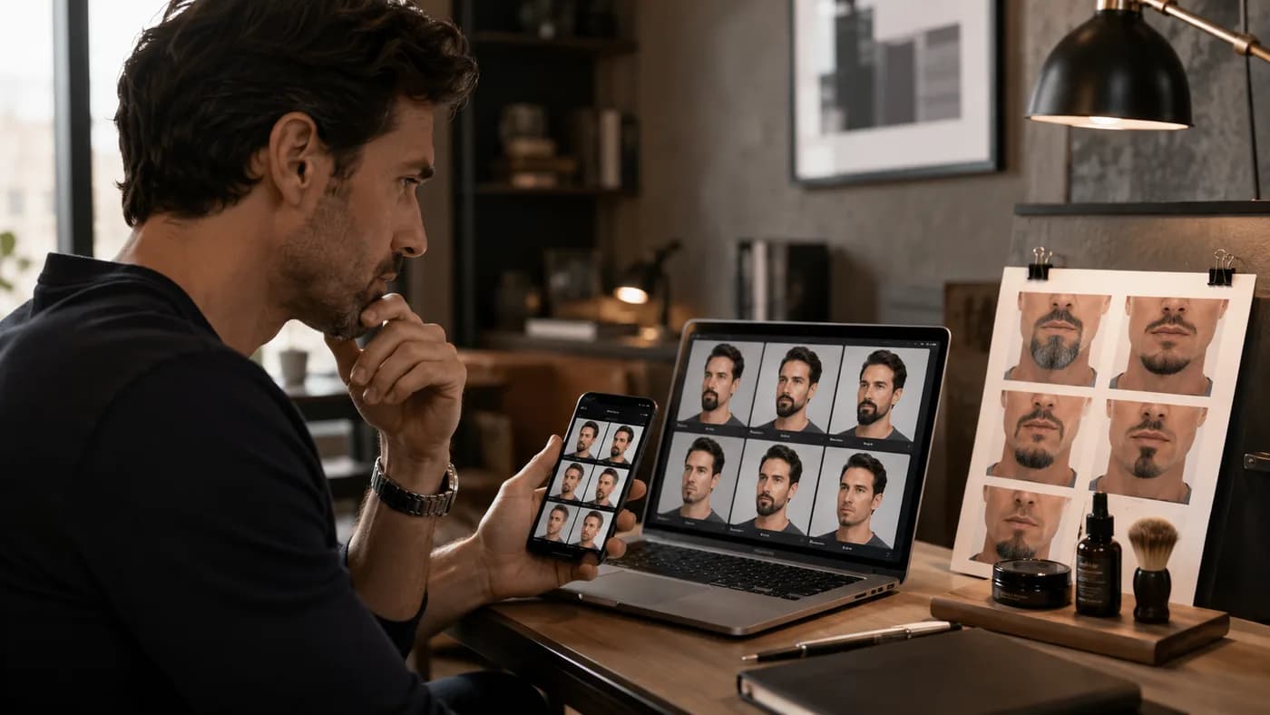 Man reviewing goatee preview variations on a laptop and phone before choosing a style