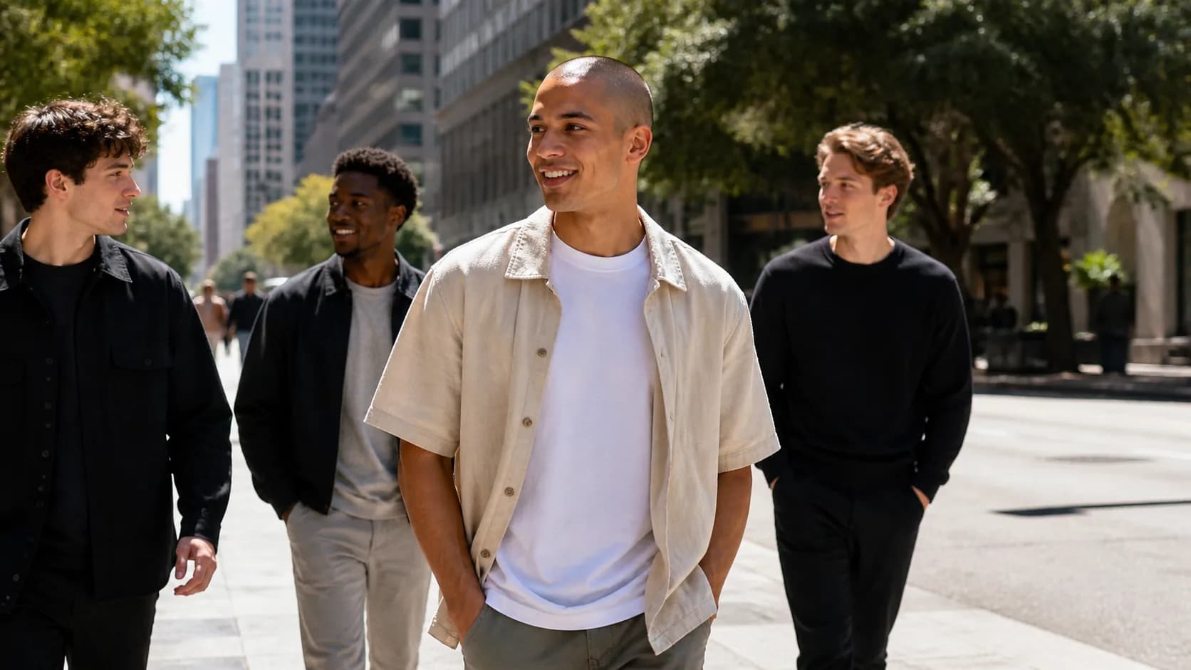 Confident young man with a buzzed or shaved head walking outside with friends