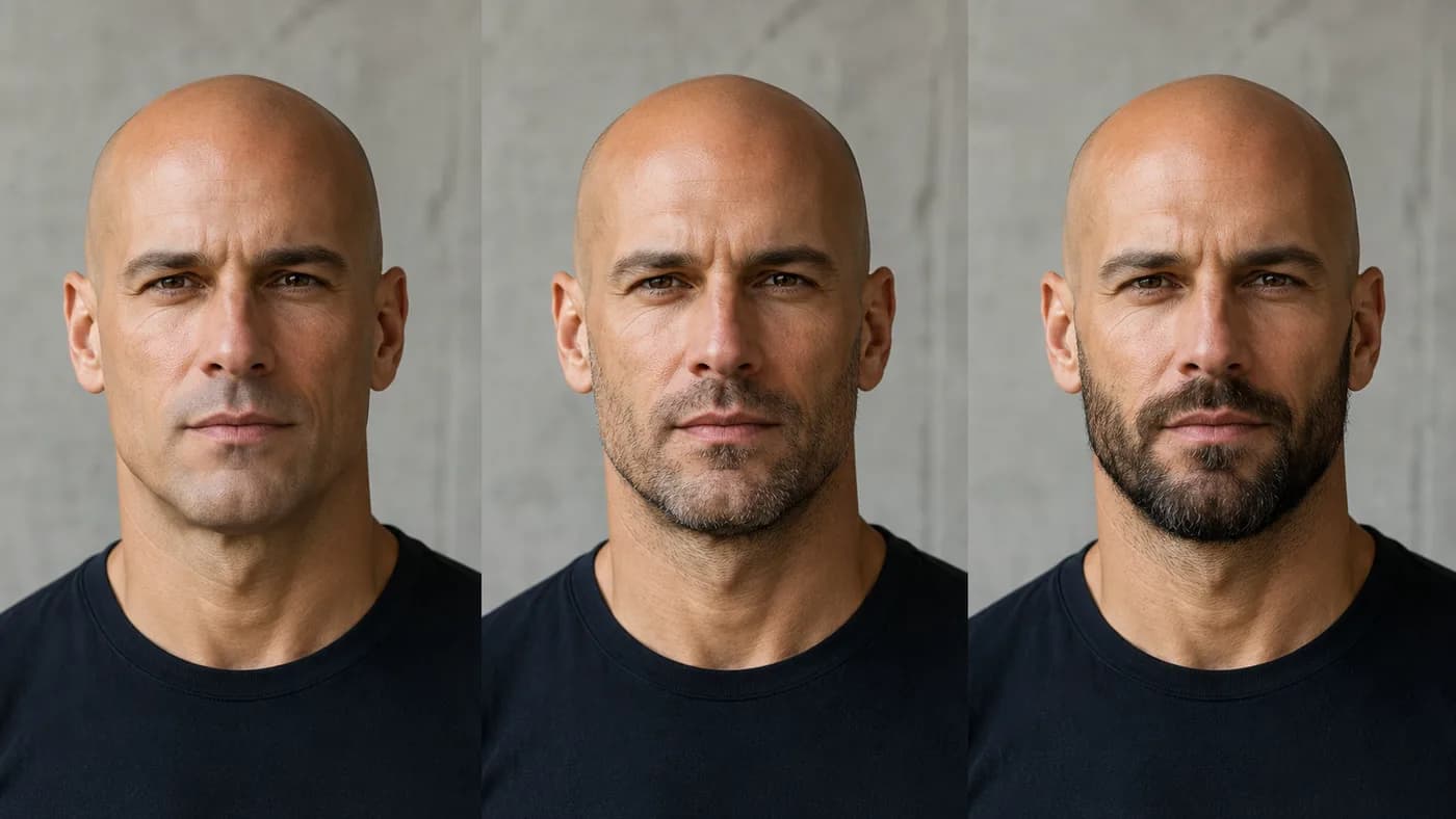 Clean-shaven, stubble, and beard grooming finishes on the same bald man