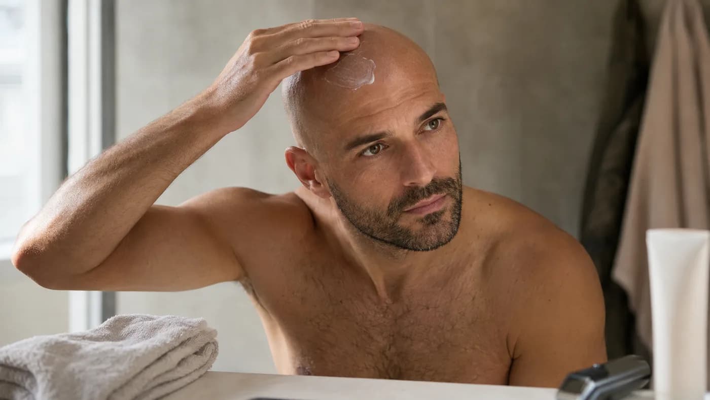Bald man applying moisturizer during a minimal morning grooming routine