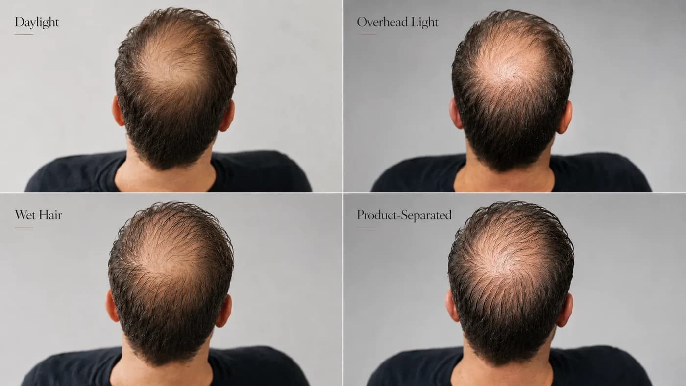 Crown visibility comparison in daylight, overhead light, wet hair, and product-separated hair.