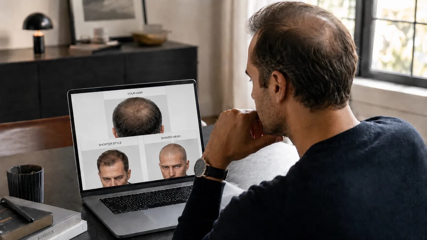 Man comparing his thinning crown with shorter-hair and shaved-head preview options on a laptop.