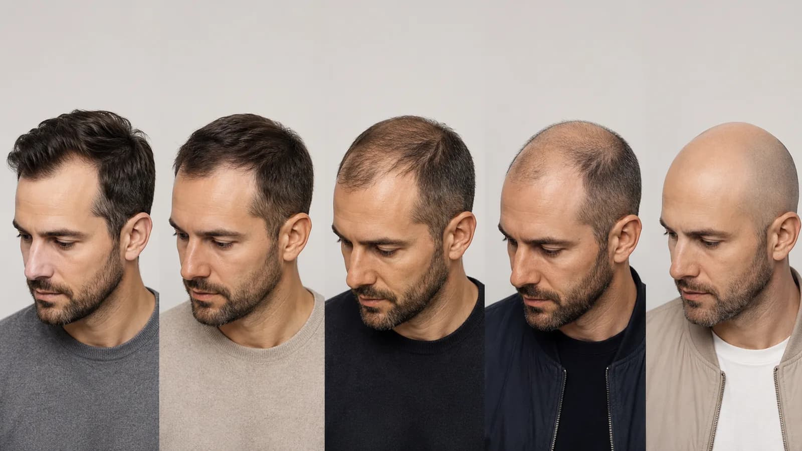 Hair loss stage comparison showing early recession through advanced thinning