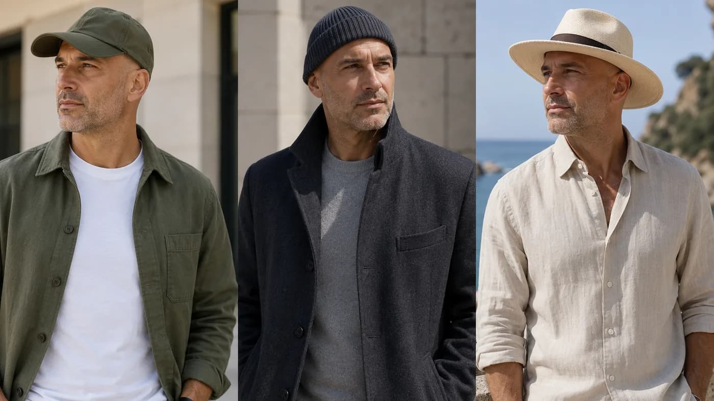 Three hat styles for bald men: baseball cap, beanie, and wide-brim sun hat