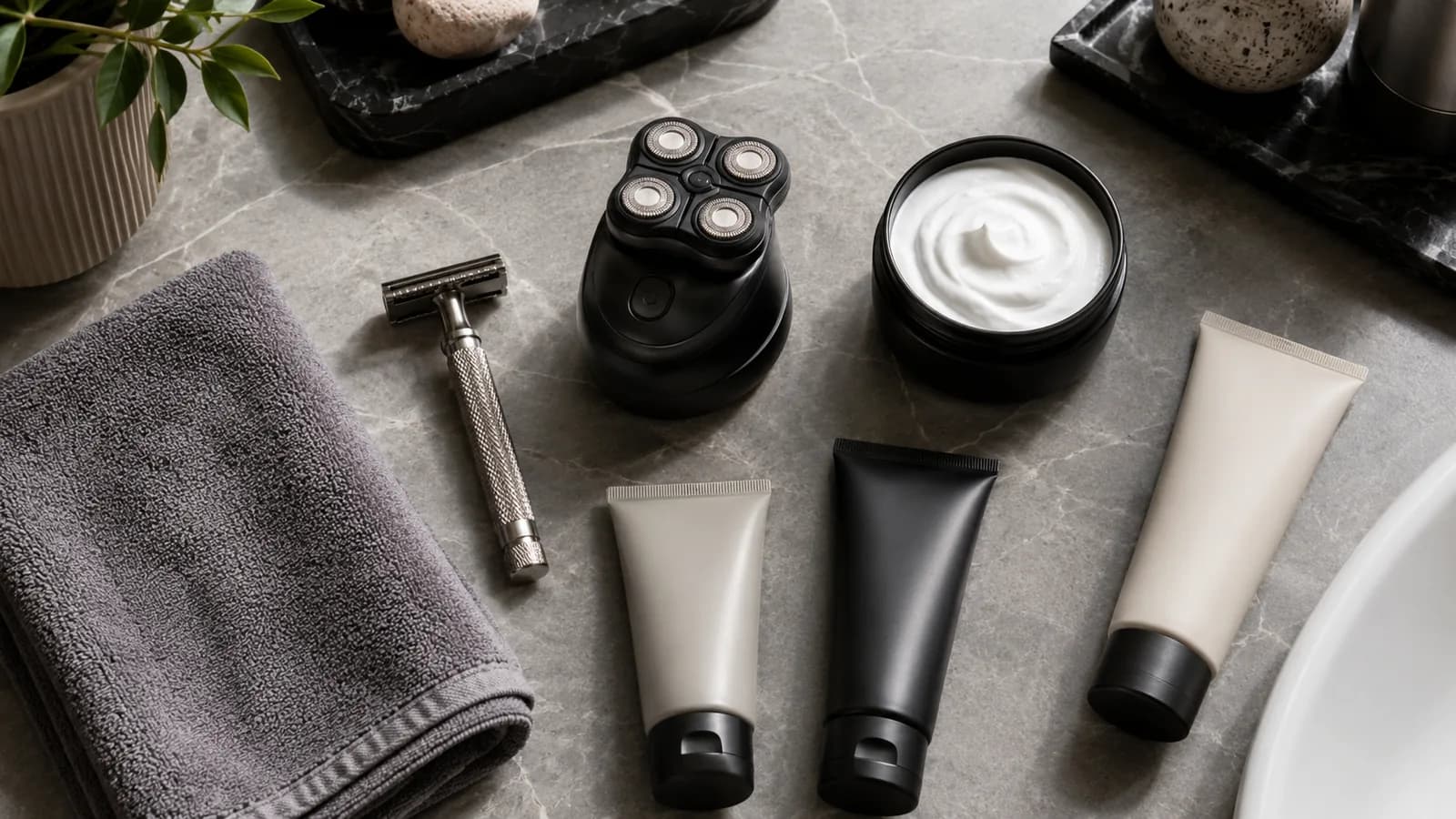 Head-shaving tools laid out with a razor, electric shaver, shaving cream, moisturizer, and sunscreen