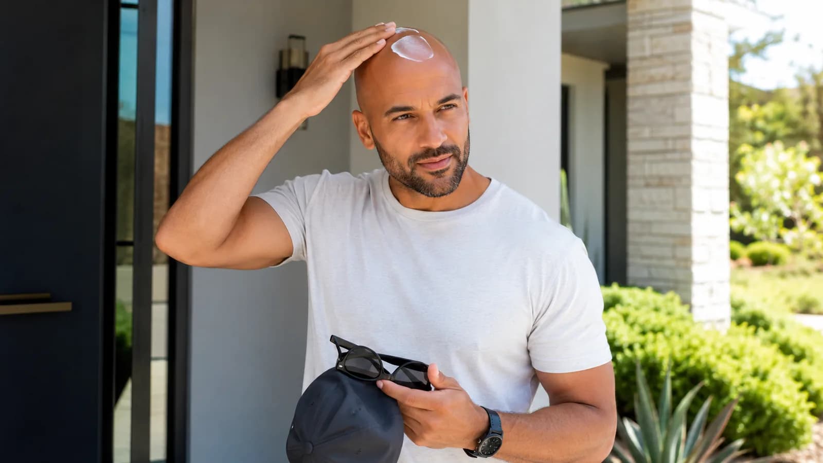 Bald man applying sunscreen to his scalp before going outside