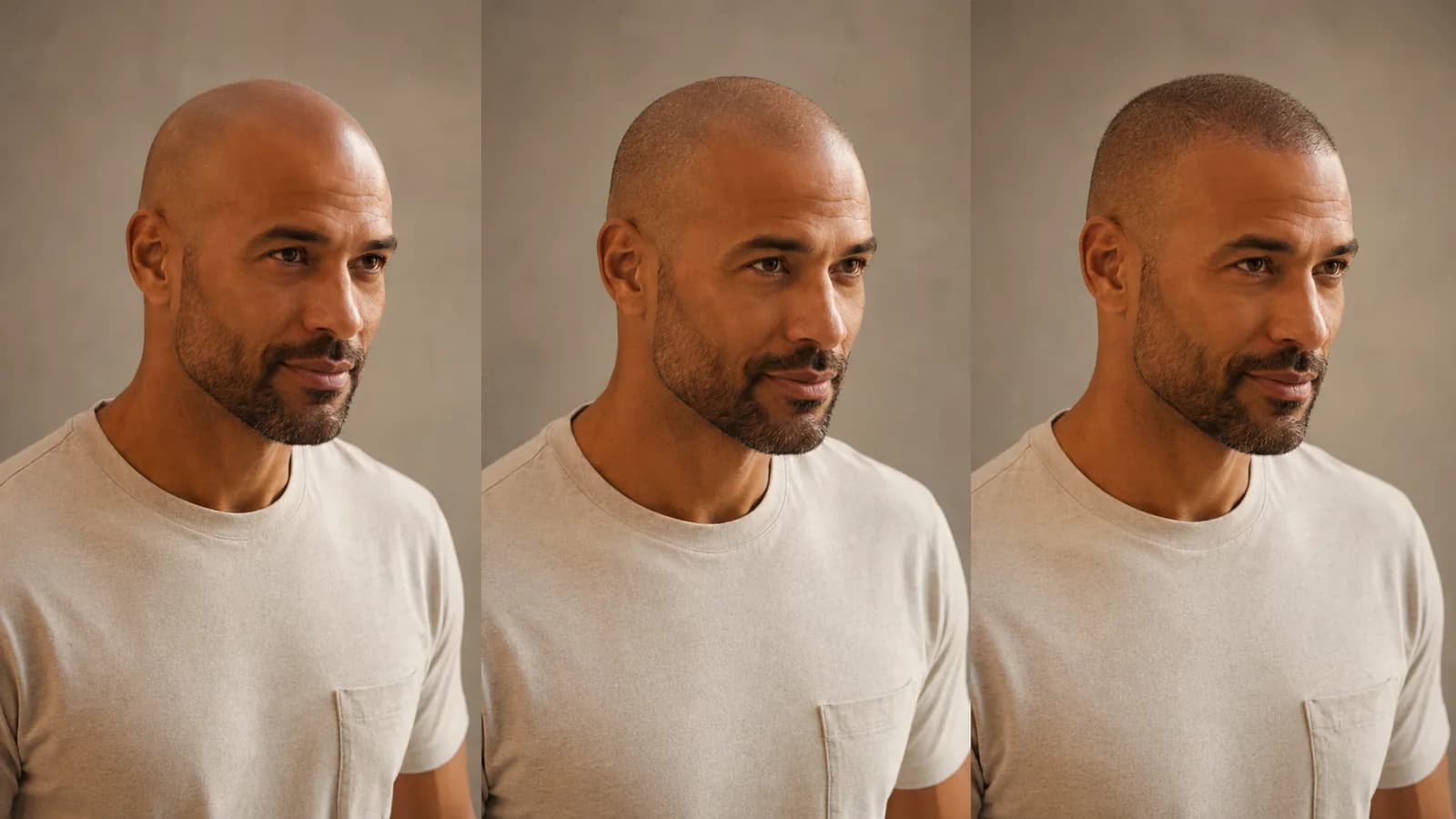 Comparison between a freshly shaved head, light scalp shadow, and slightly longer regrowth
