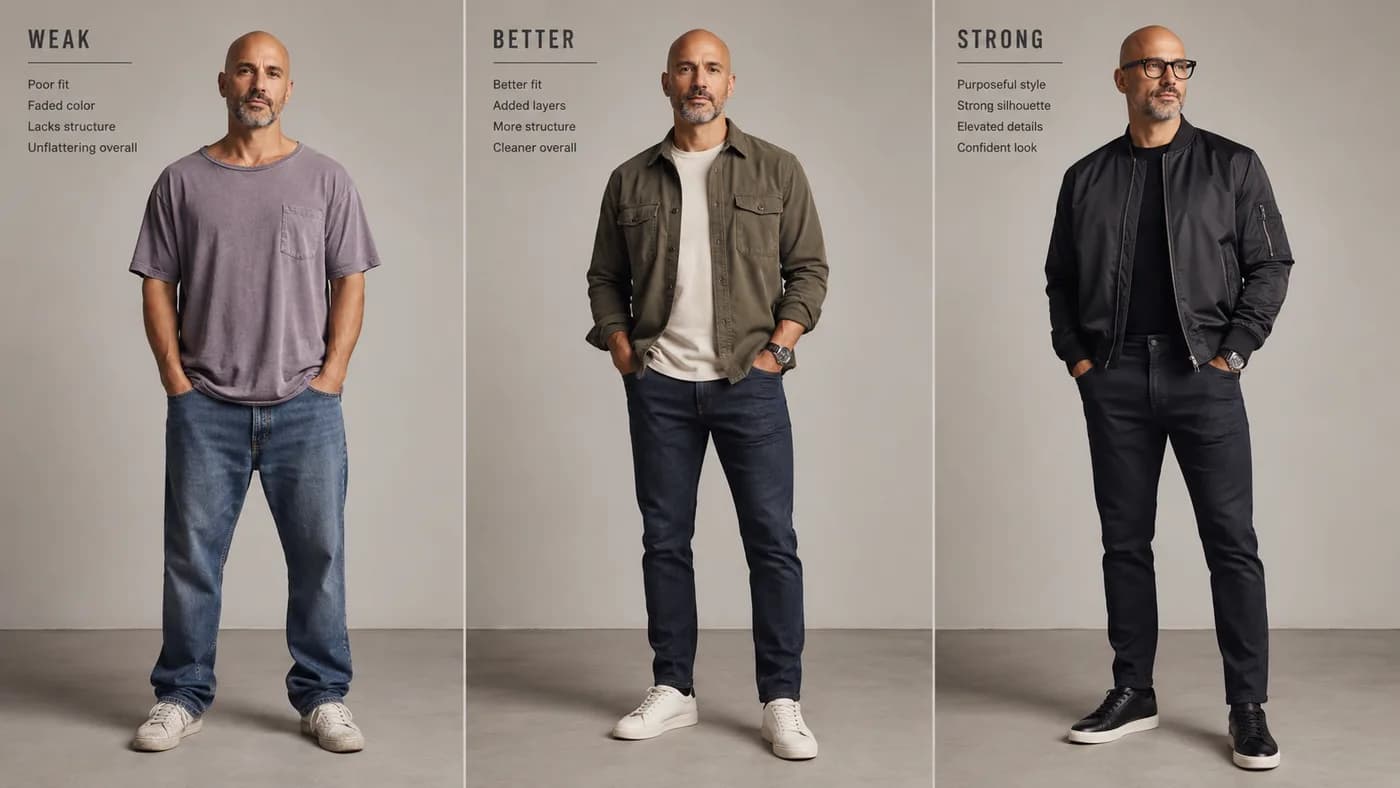 Bald man in three outfits showing weak vs strong styling choices