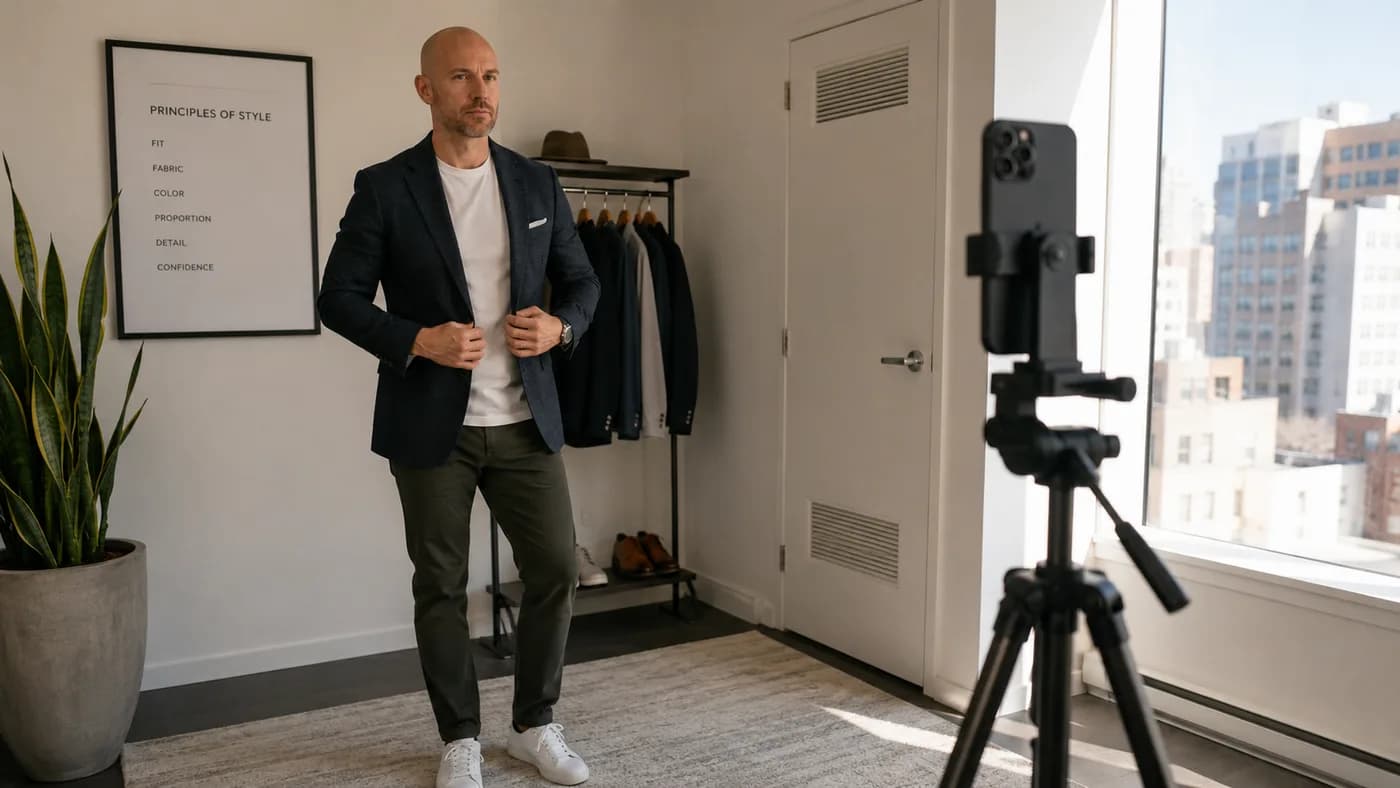 Bald man taking daylight style-check photos in a structured jacket