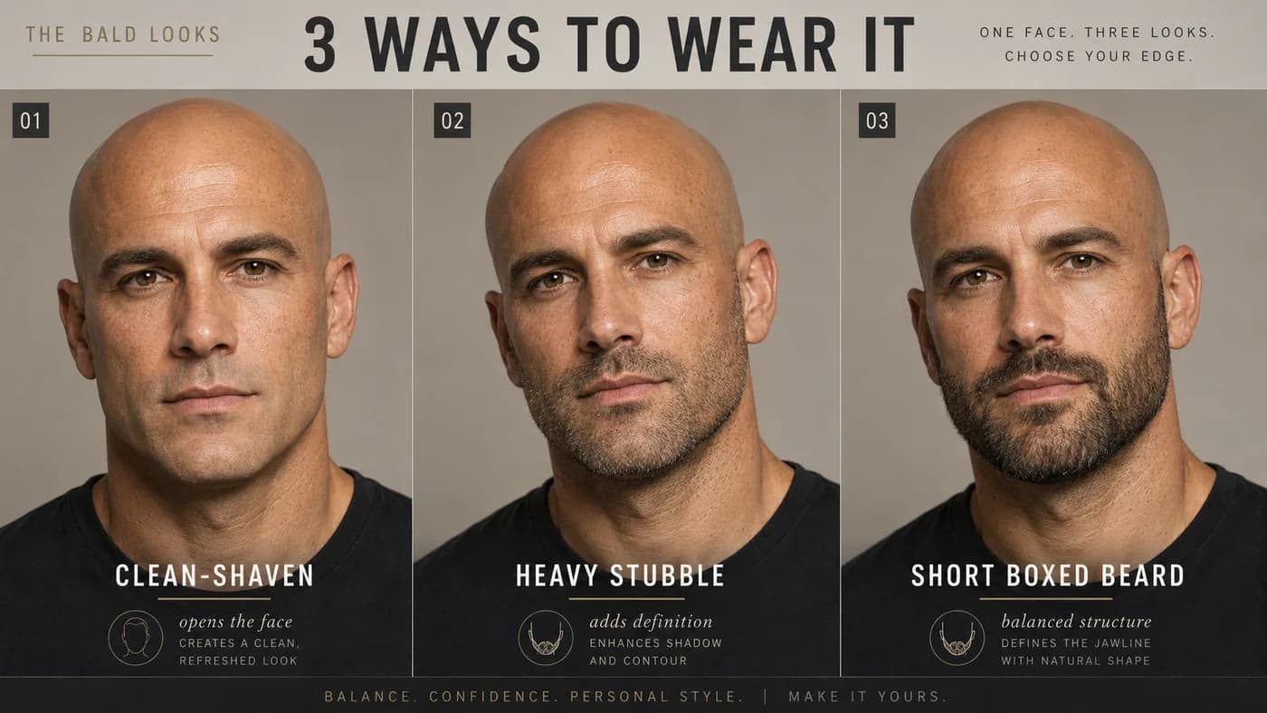 Comparison of the same bald man clean-shaven, with heavy stubble, and with a short boxed beard