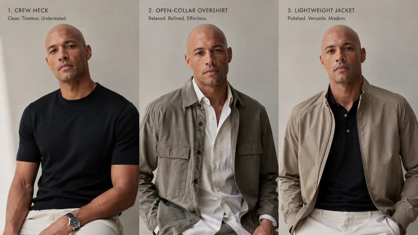Three outfit options that frame a bald head: fitted crew neck, open-collar overshirt, and lightweight jacket