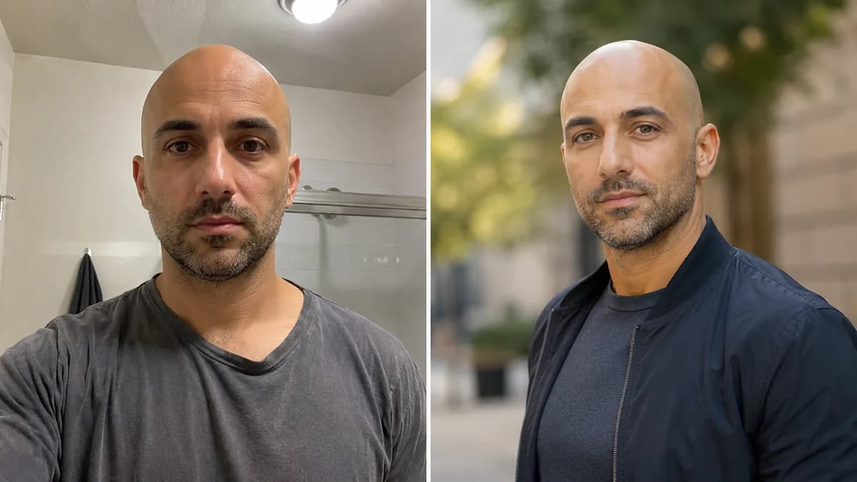 Bald style comparison showing how lighting, fit, and layers change age perception