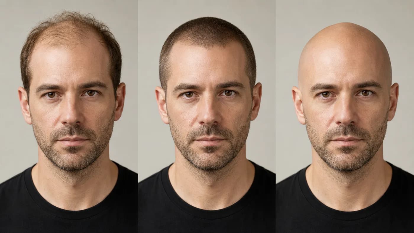 Comparison of the same man with thinning hair, a buzz cut, and a shaved head