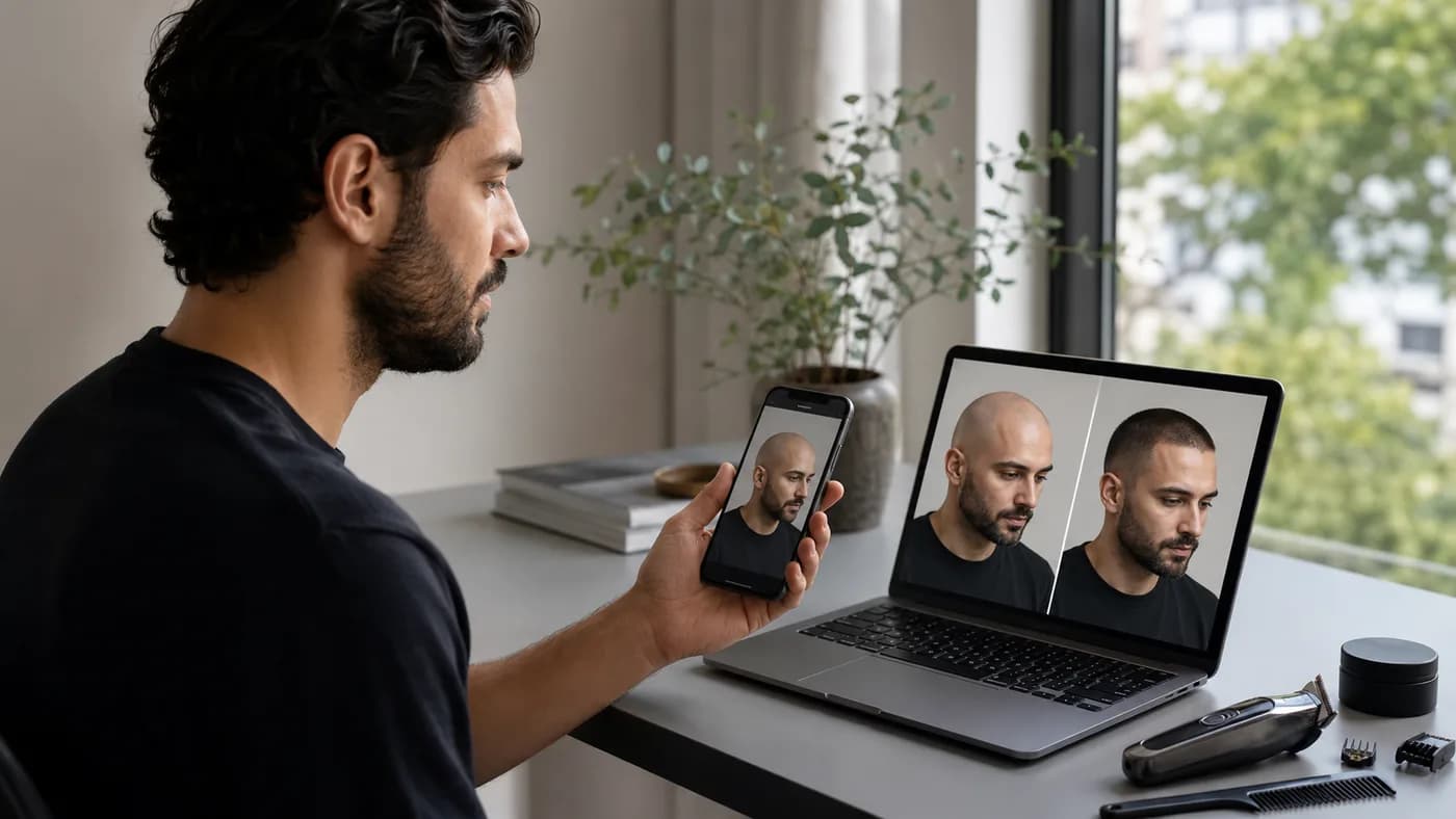 Man reviewing bald preview results on a laptop and phone