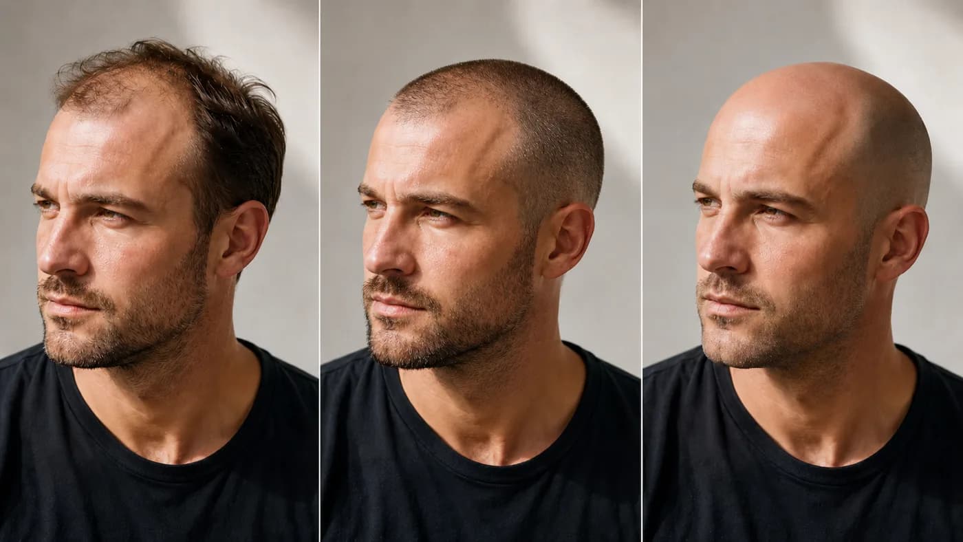 Balding men haircut comparison showing thinning hair, neat buzz cut, and fully shaved head