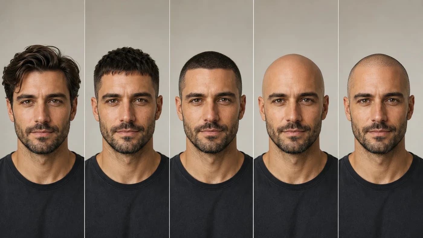 Male haircut simulator comparison showing current hairstyle, short crop, buzz cut, shaved head, and shaved head with stubble