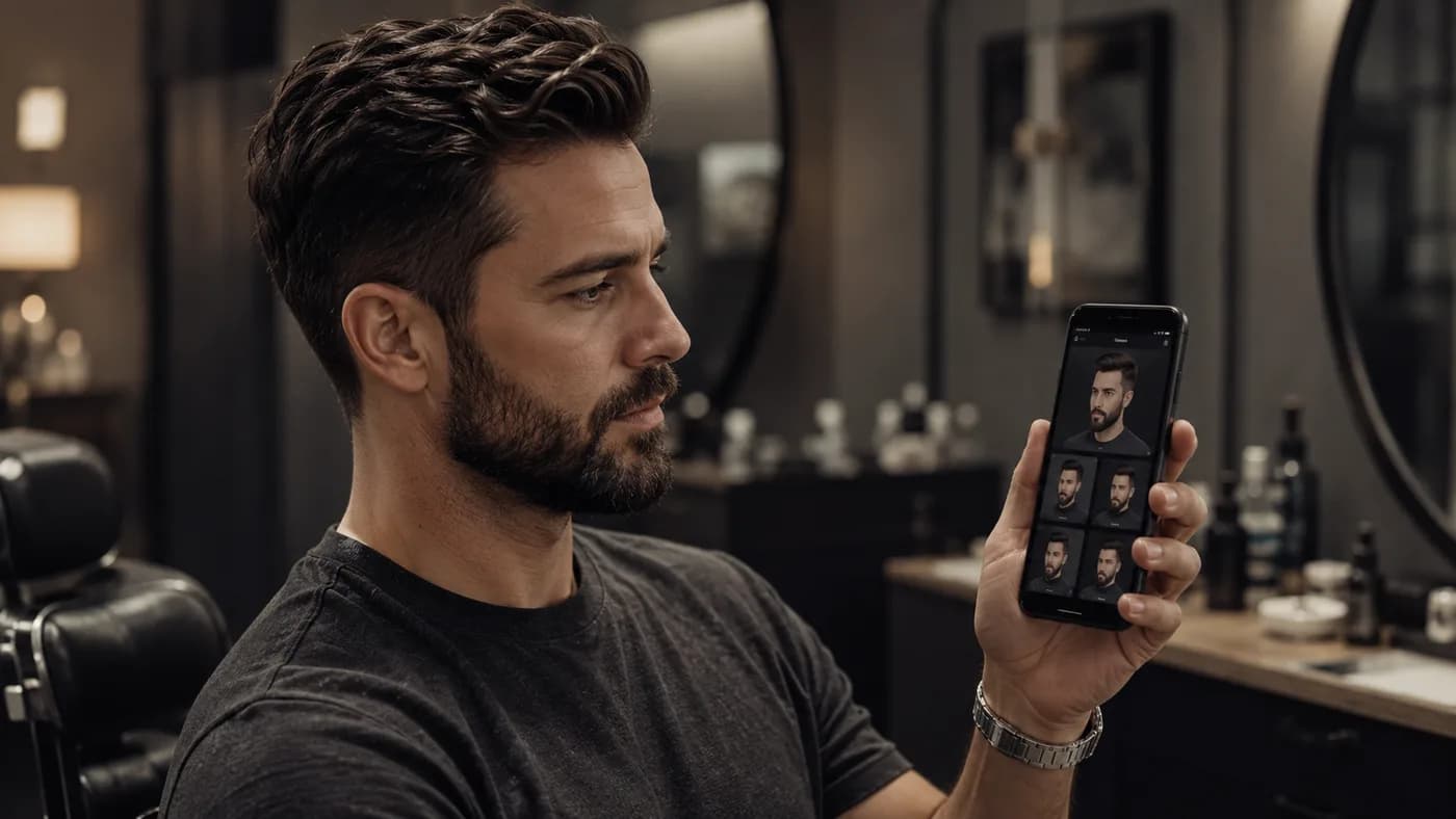 Man reviewing hairstyle and beard preview options on a phone before a barber visit