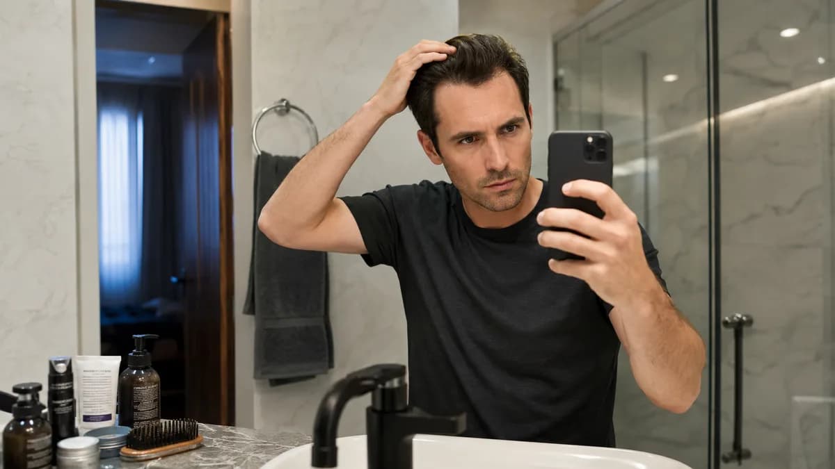 Man taking consistent monthly hairline progress photos in mirror lighting