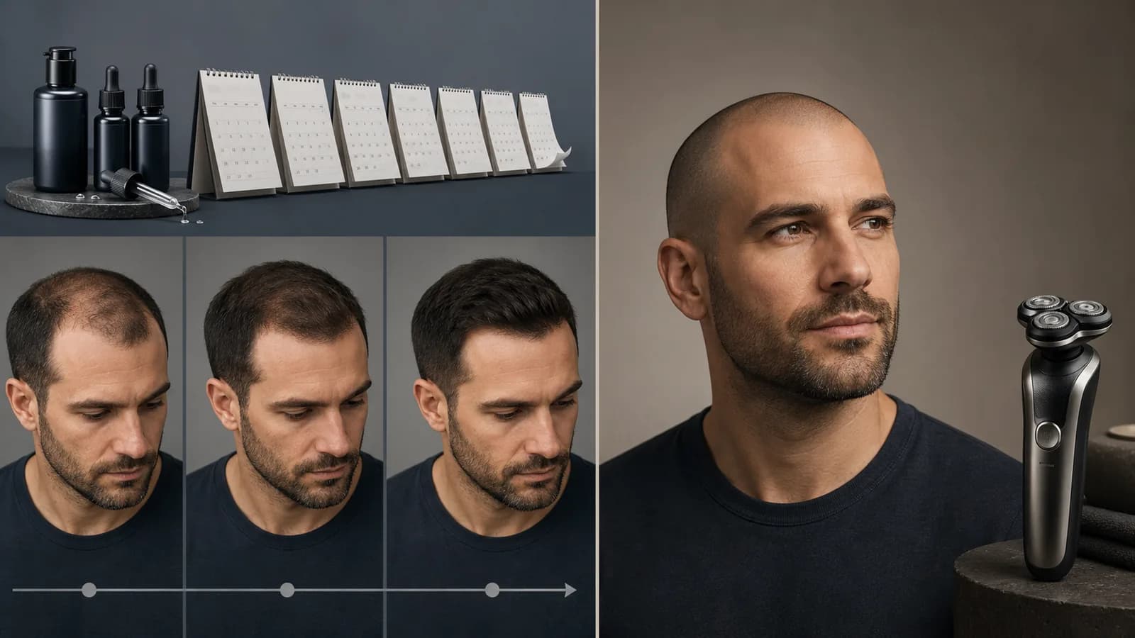 Minoxidil timeline compared with an immediate shaved-head decision