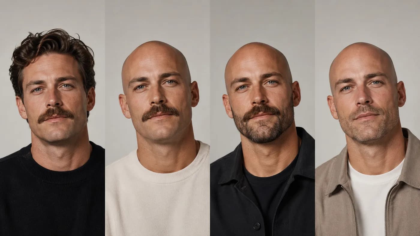 The same man shown with current hair and mustache, shaved head with mustache, shaved head with beardstache, and shaved head with light stubble