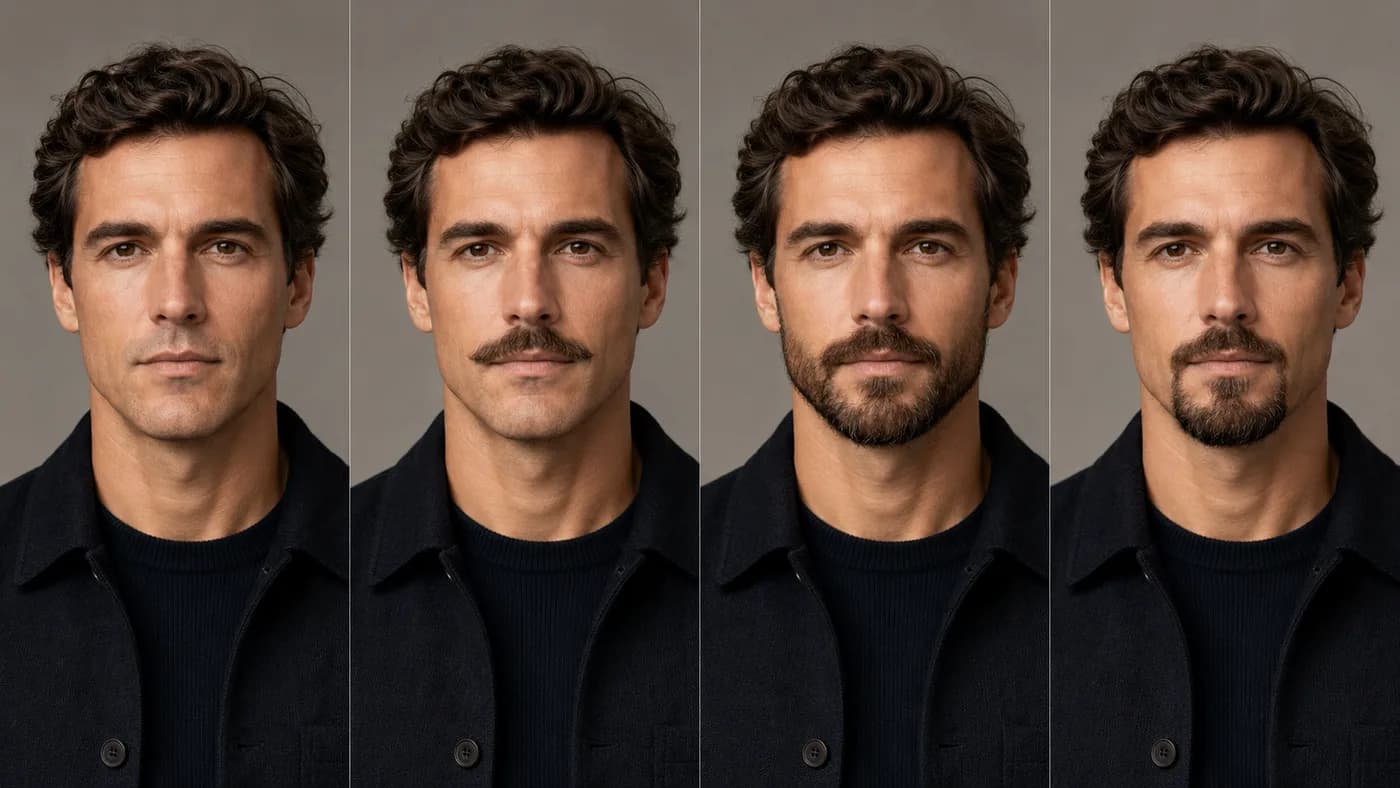 Comparison of the same man clean-shaven, with a neat solo mustache, with a beardstache, and with a compact goatee