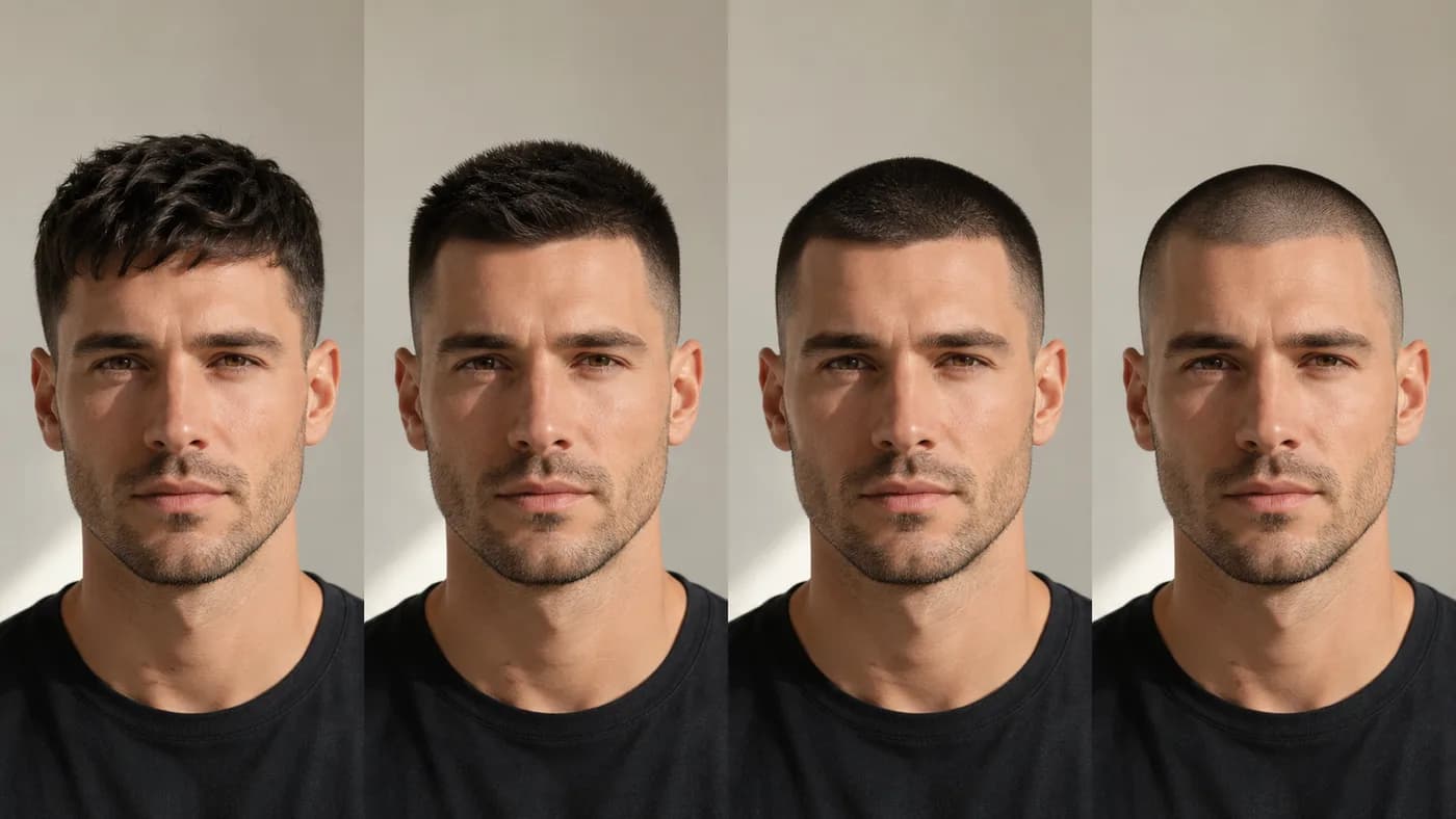 Norwood 2 haircut comparison showing textured crop, crew cut, and buzz-cut lengths