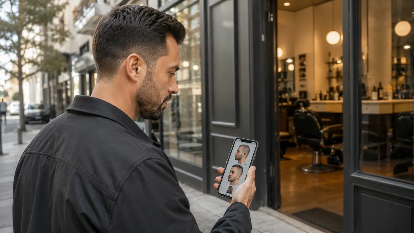 Man comparing a short buzz cut and shaved-head preview before visiting a barbershop