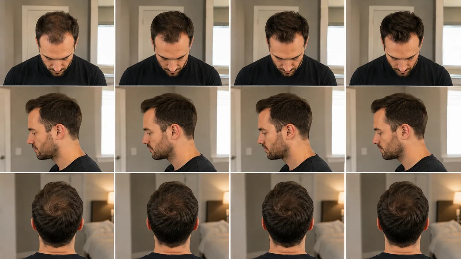 Man taking consistent monthly front, temple, and crown progress photos to track a Norwood 2 hairline