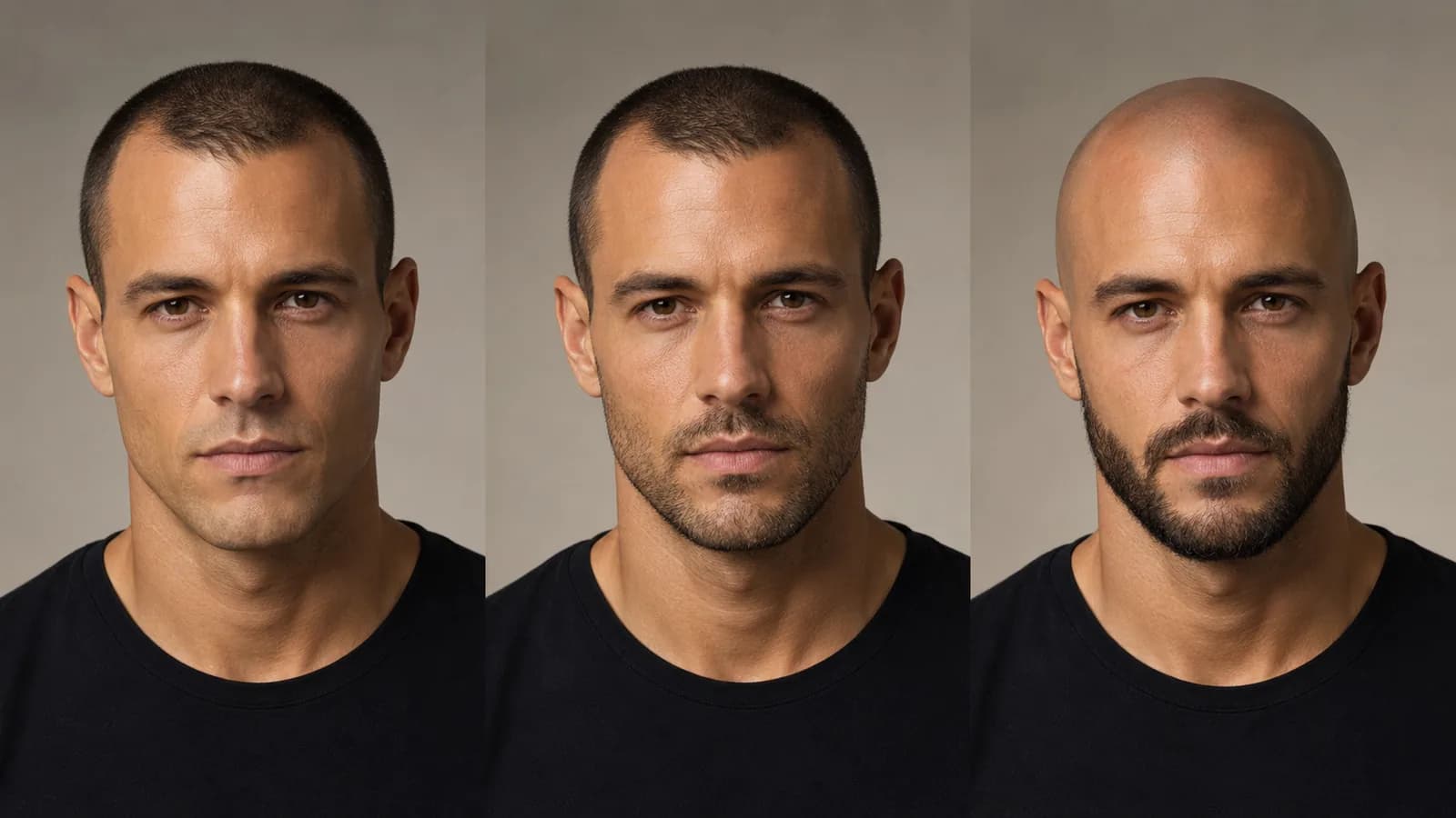 Norwood 3 looks compared with a buzz cut, added stubble, and a shaved head with beard