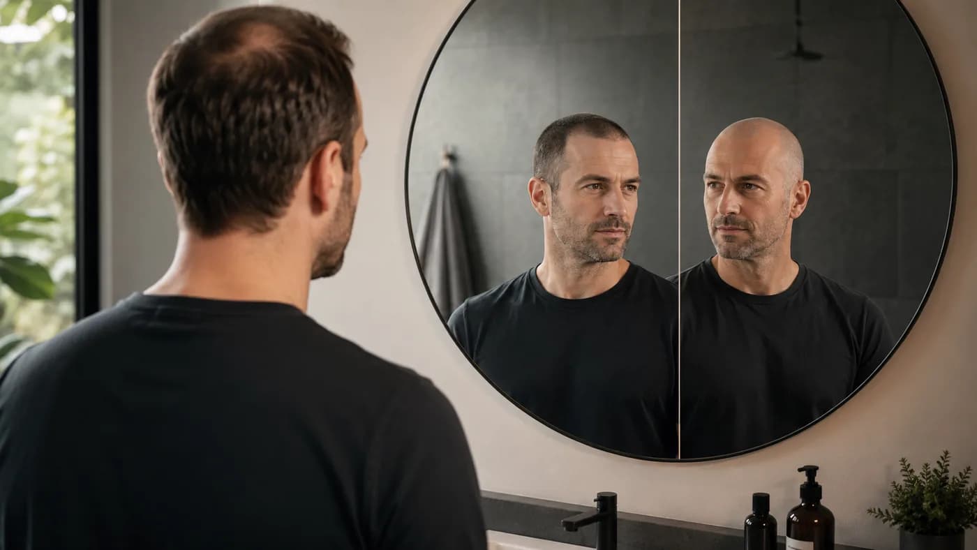 Norwood 3 decision visual comparing a confident buzzed look with a shaved-head direction