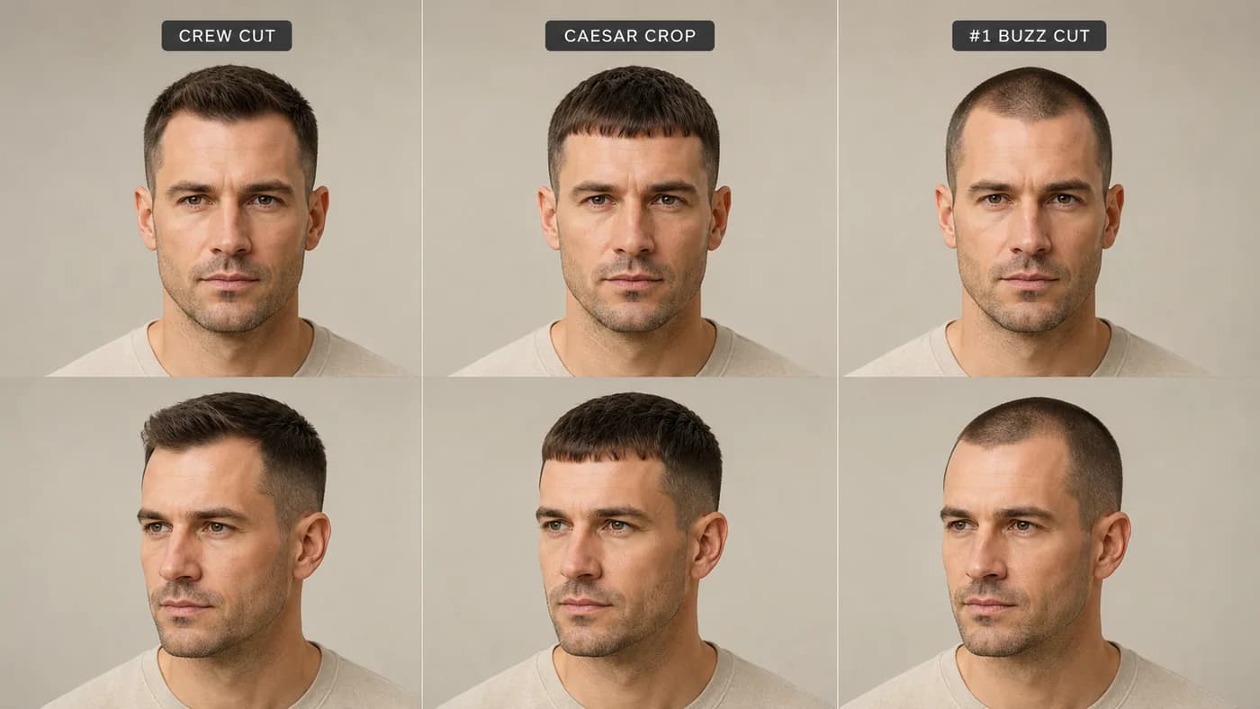 Comparison of Norwood 3 hairstyle options including a tight crew cut, Caesar crop, and #1 buzz cut