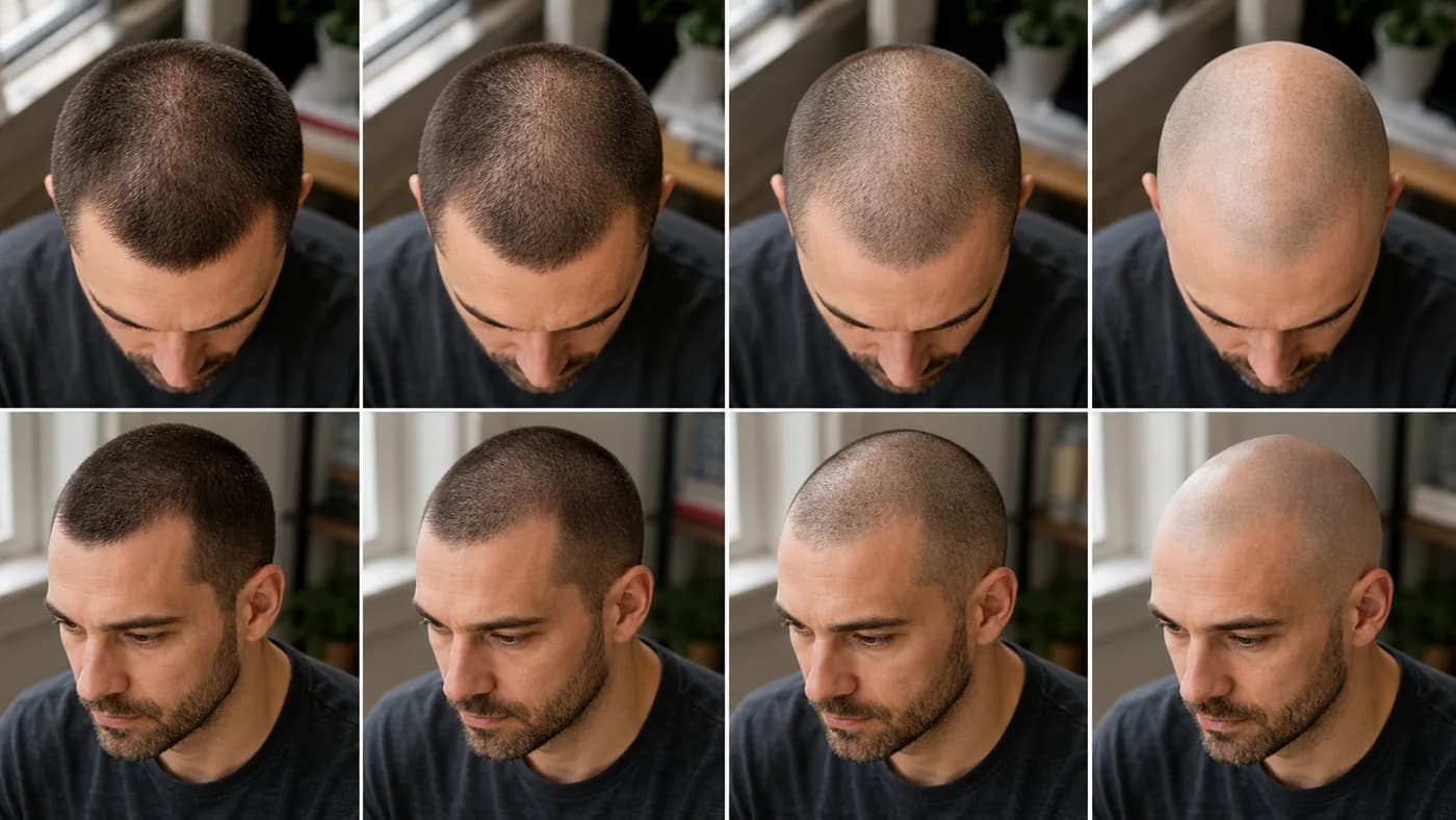 Norwood 3 vertex crown thinning compared at #2, #1, #0 buzz cuts and fully shaved