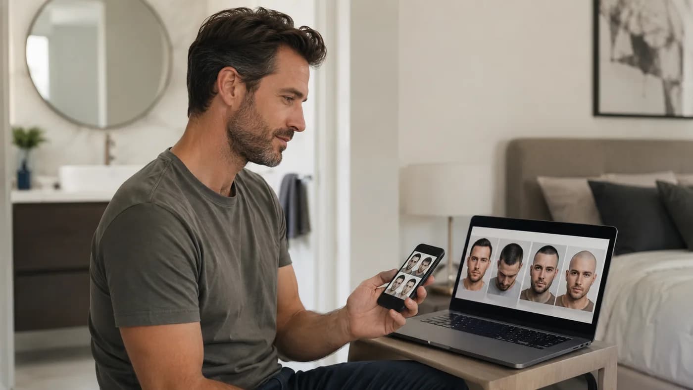 Man comparing crown, buzz-cut, and shaved-head previews before choosing a haircut