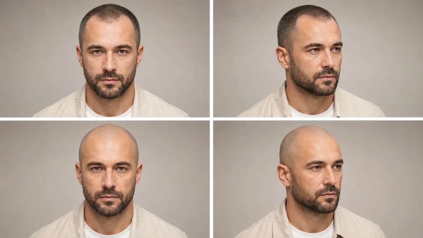 Borderline Norwood 3 to Norwood 4 comparison between a #1 buzz cut and a shaved head