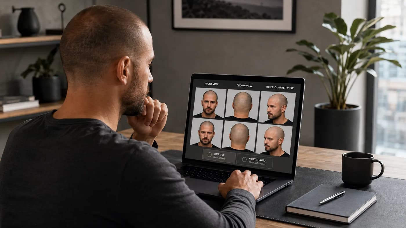 Man reviewing front, crown, and three-quarter photo comparisons before choosing between a buzz cut and a shaved head