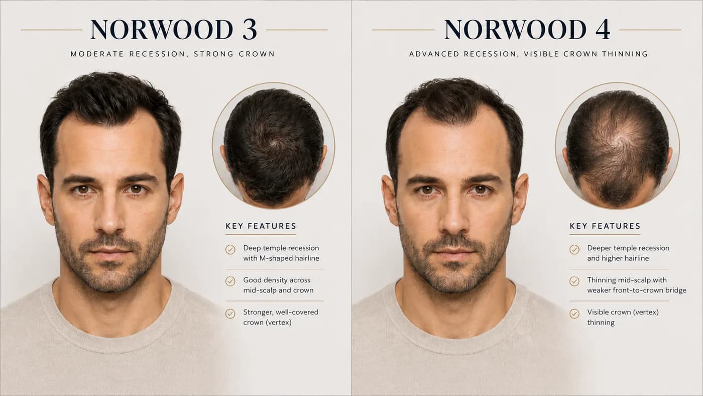 Norwood 3 versus Norwood 4 comparison showing temple recession, crown thinning, and bridge loss