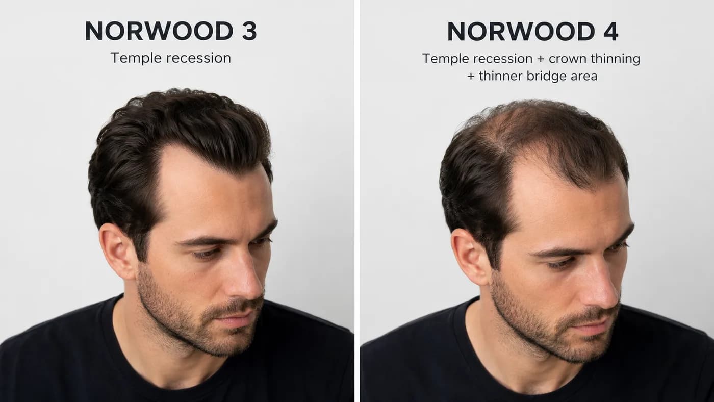 Norwood 3 versus Norwood 4 comparison showing temple recession and crown thinning differences