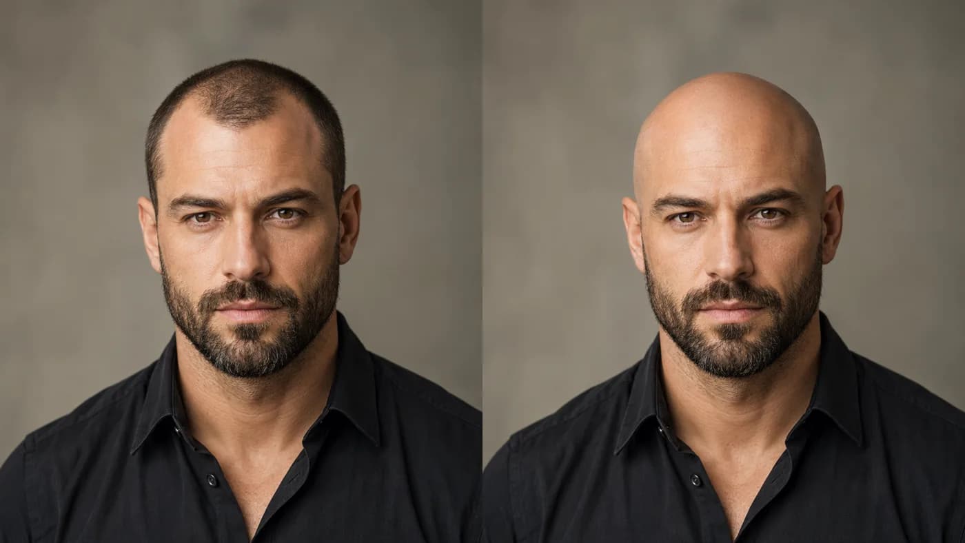Norwood 4 comparison between a #1 buzz cut and a shaved head