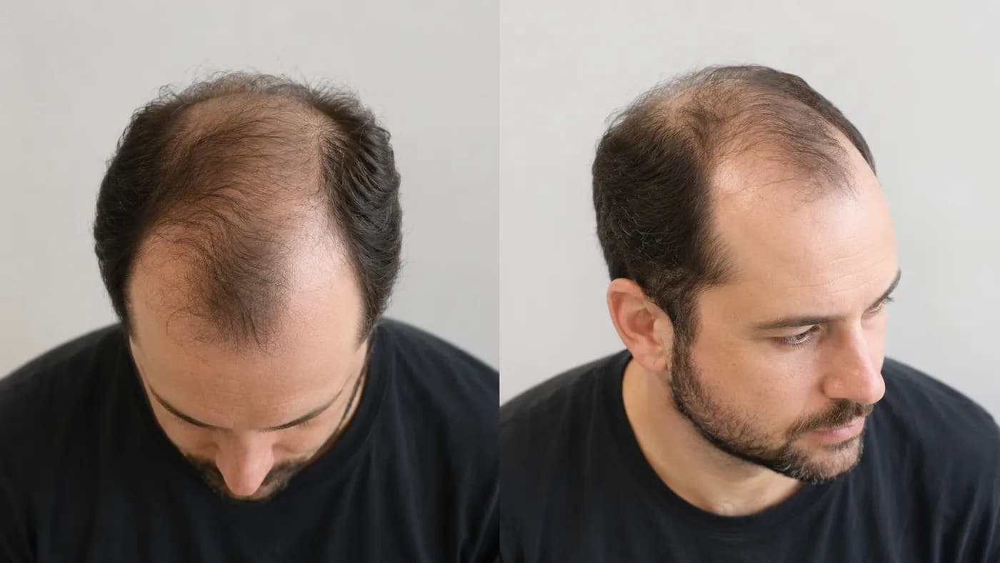 Norwood 5 hair-loss pattern from top-down and three-quarter views