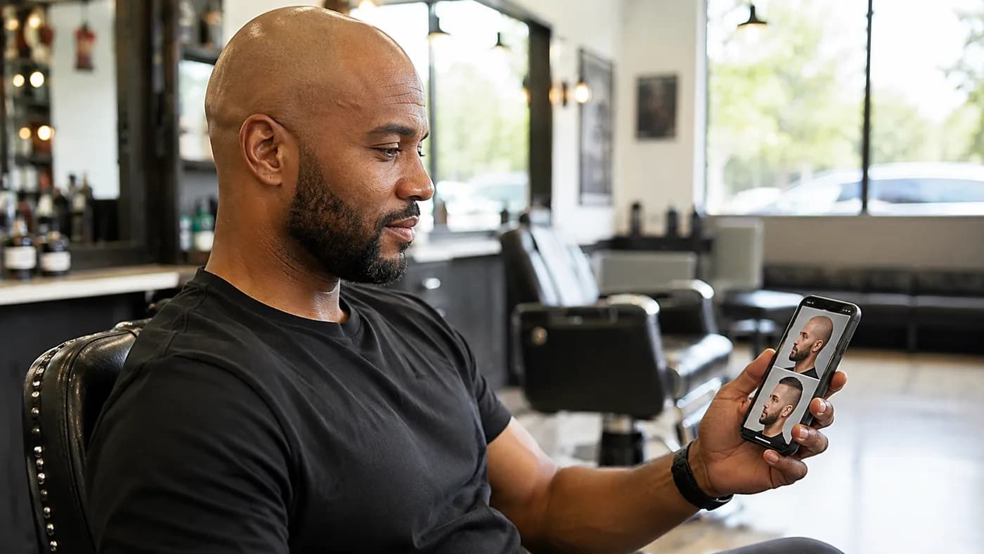 Man comparing shaved-head and buzz-cut previews before choosing a haircut