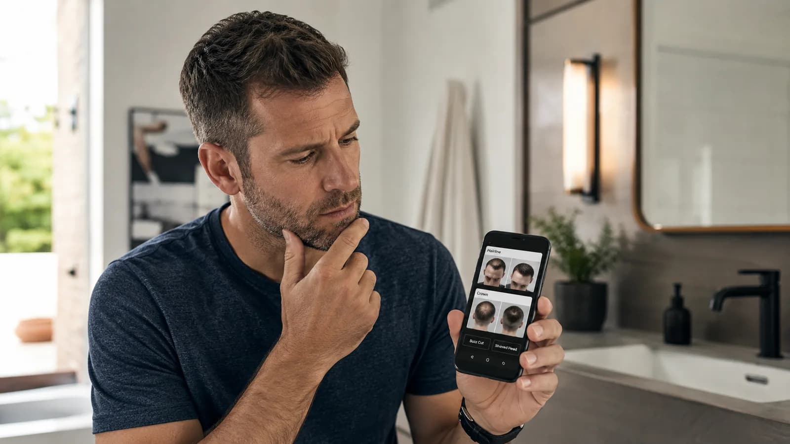 Man reviewing hairline and crown photos before choosing between a buzz cut and shaved head