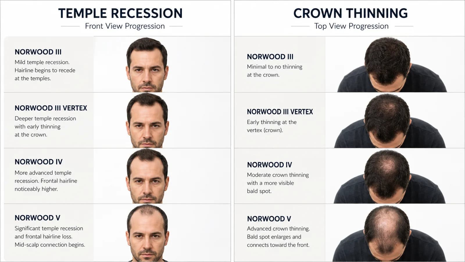 Front versus crown progression comparison for mid-stage Norwood hair loss