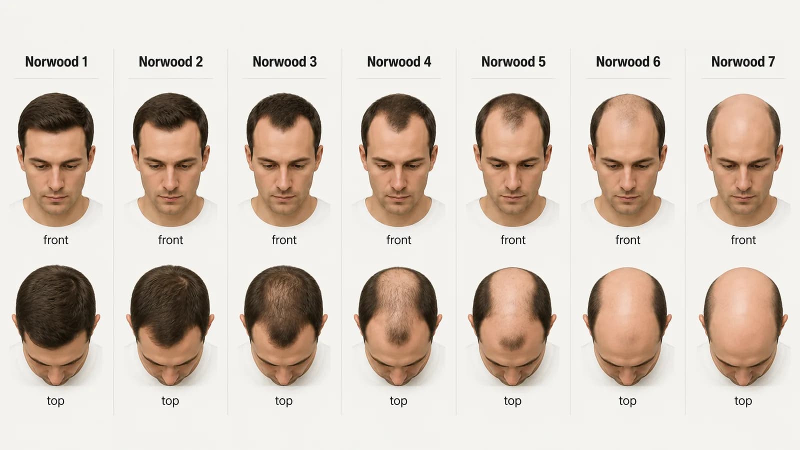 Norwood stages diagram showing male pattern hair loss from stage 1 through stage 7