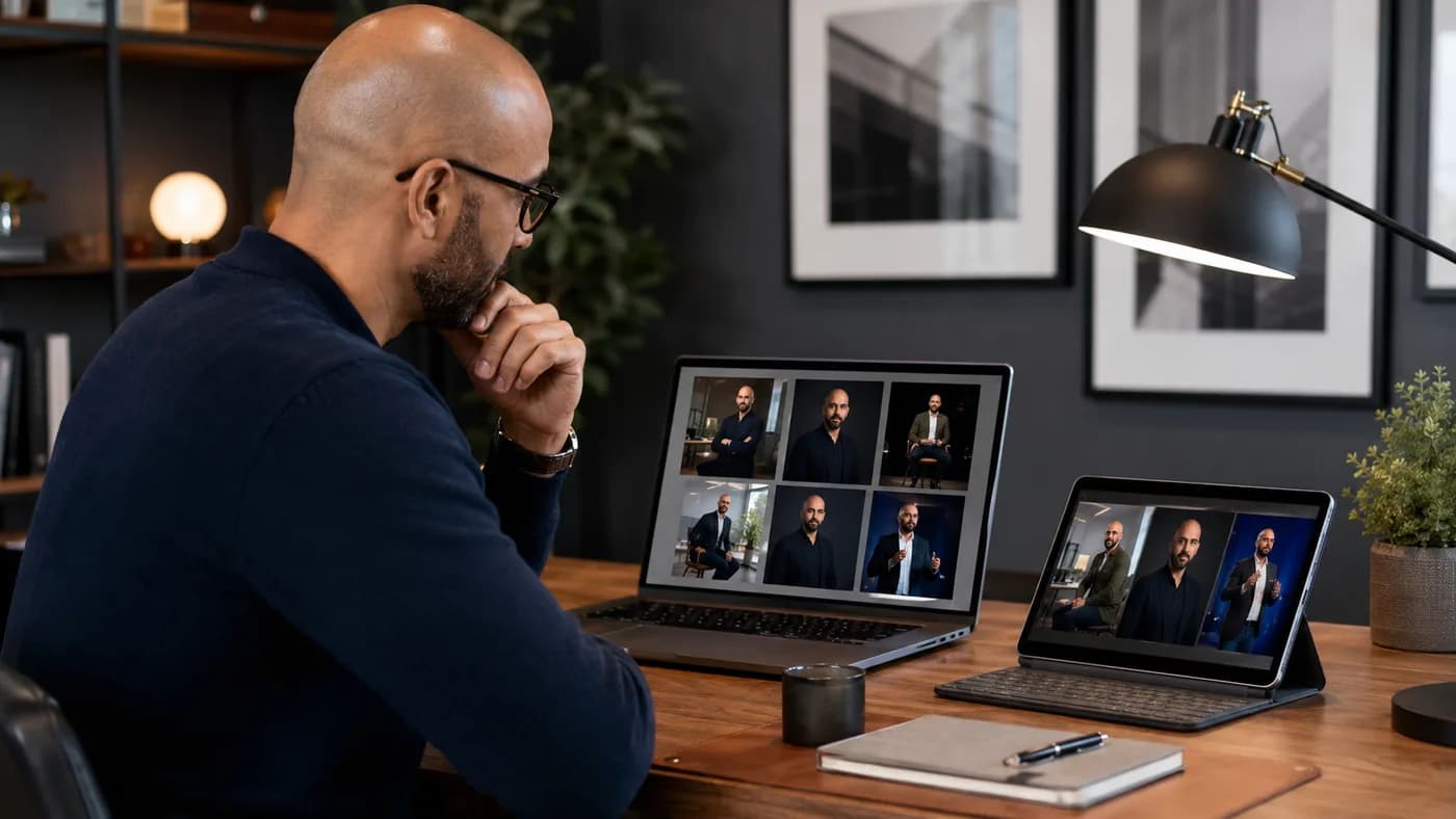 Bald founder reviewing consistent professional portraits across platforms