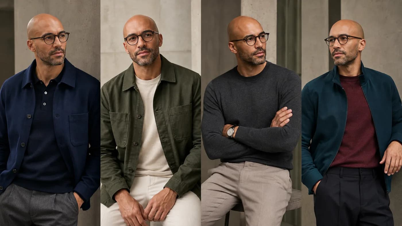Four professional signature-look directions for a bald man
